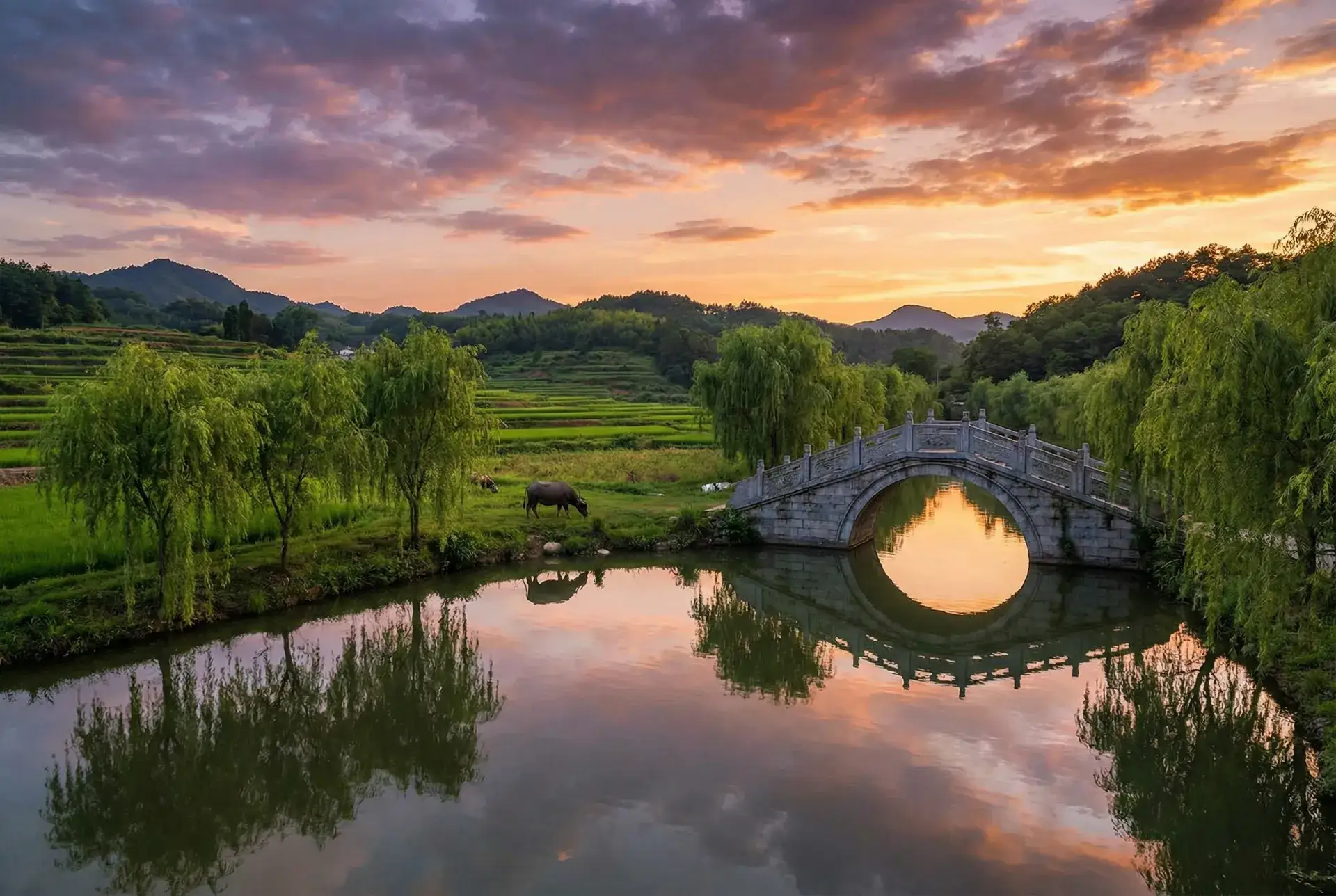 夕阳下的石拱桥与垂柳，水牛在河边吃草 - 乱斗西游武德星君 乡村美景